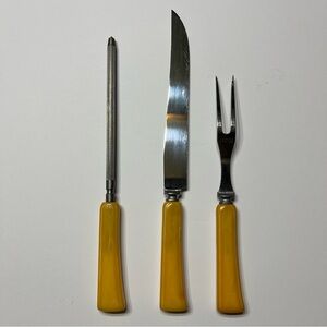 Vintage MCM Stainless Steel 3 Piece Carving Set With Bakelite Handles